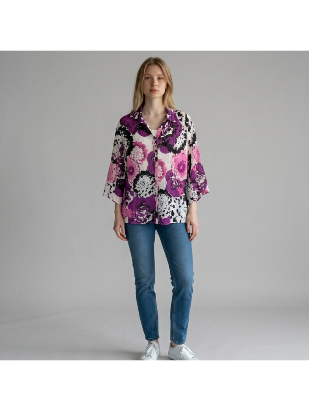 Fashion Bug Shirt Women L Large White Floral Button Up Collared3/4 Sleeve Casual